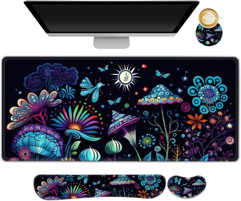 AIMSA Large Gaming Mouse Pad Set, Keyboard Wrist Rest Support+ Extended Mousepad+ Mouse Wrist Cushion+Coaster, Ergonomic Multifunctional Desk Mat 35x15.7in, Colorful Abstract Mushrooms - Image 1